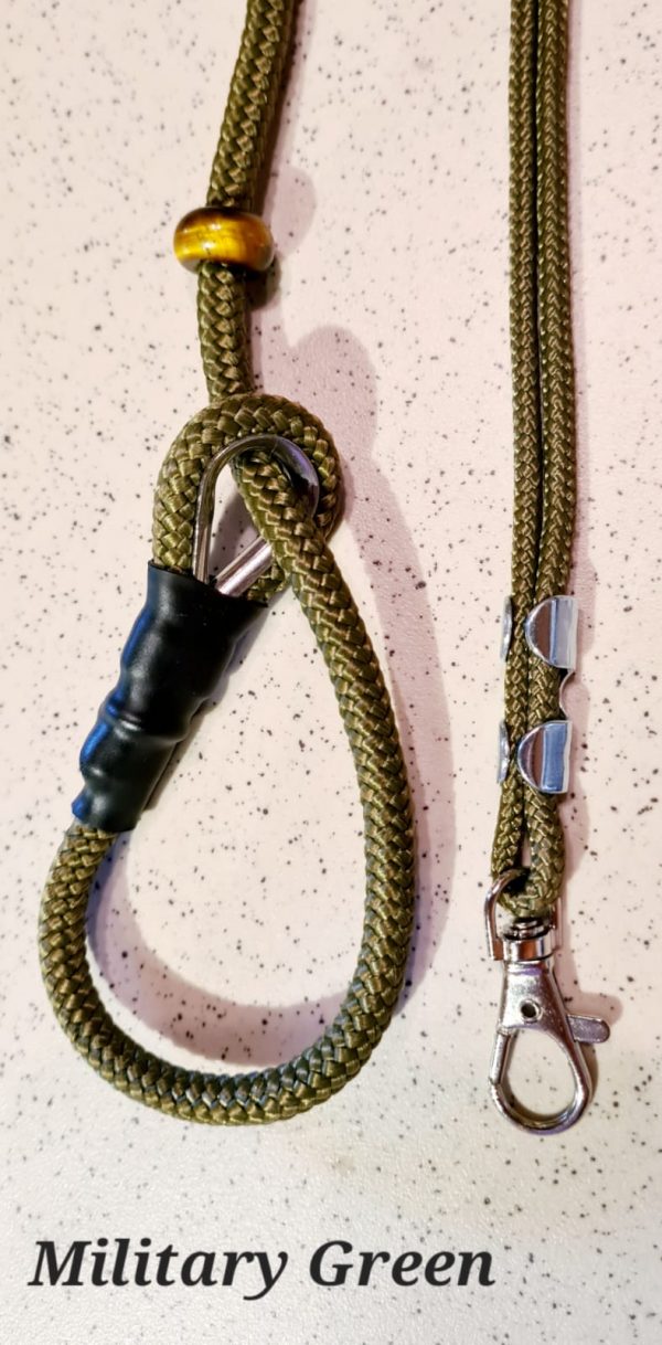 Military Green Field Trial Slip Lead & Lanyard - Field trial slip leads c/w precious stone stoppers Fallowcopse Kennels Cockapoos Petersfield Hampshire Surrey Sussex